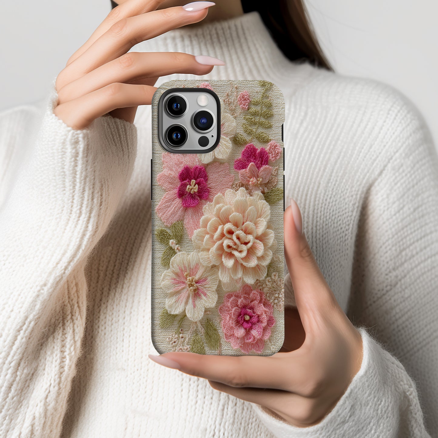 Delicate Embroidered Blossom Phone Case – 3D-Inspired Crochet Floral Elegance
