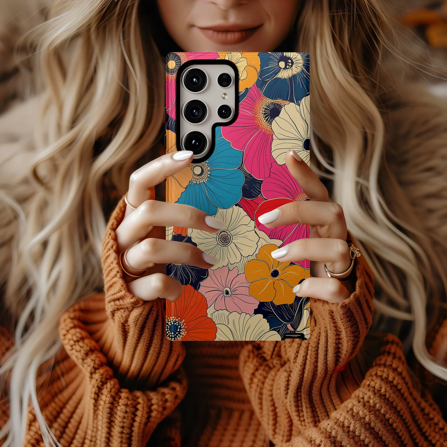 Psychedelic Bloom Phone Case – Bold Retro 70s Floral in Hot Pink, Teal & Tangerine