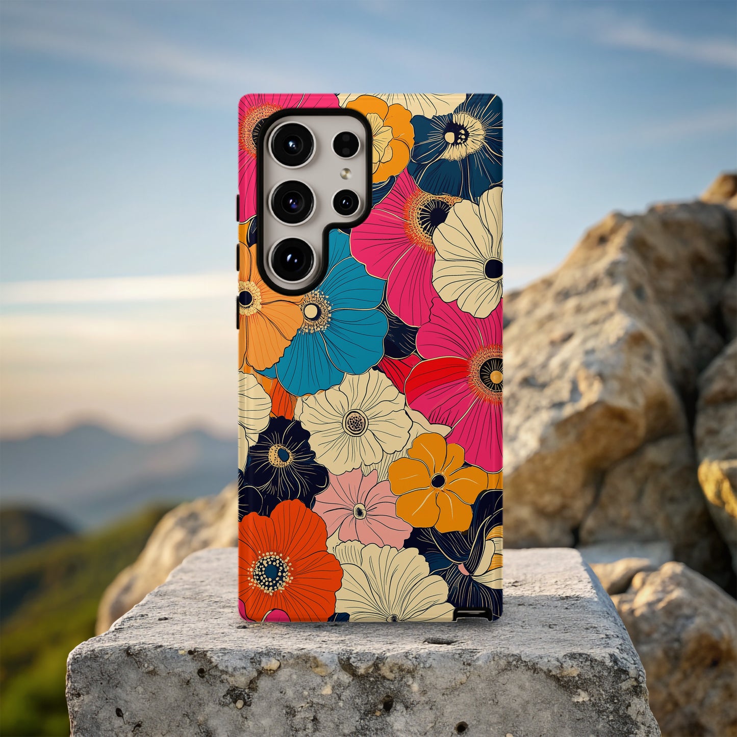 Psychedelic Bloom Phone Case – Bold Retro 70s Floral in Hot Pink, Teal & Tangerine