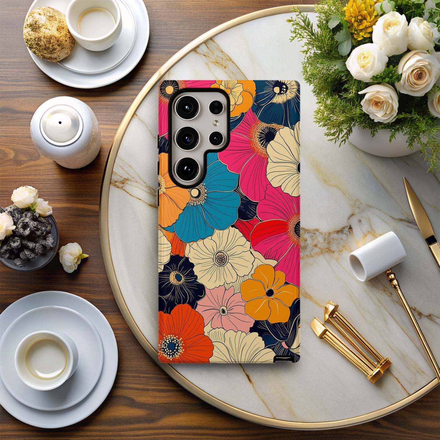 Psychedelic Bloom Phone Case – Bold Retro 70s Floral in Hot Pink, Teal & Tangerine