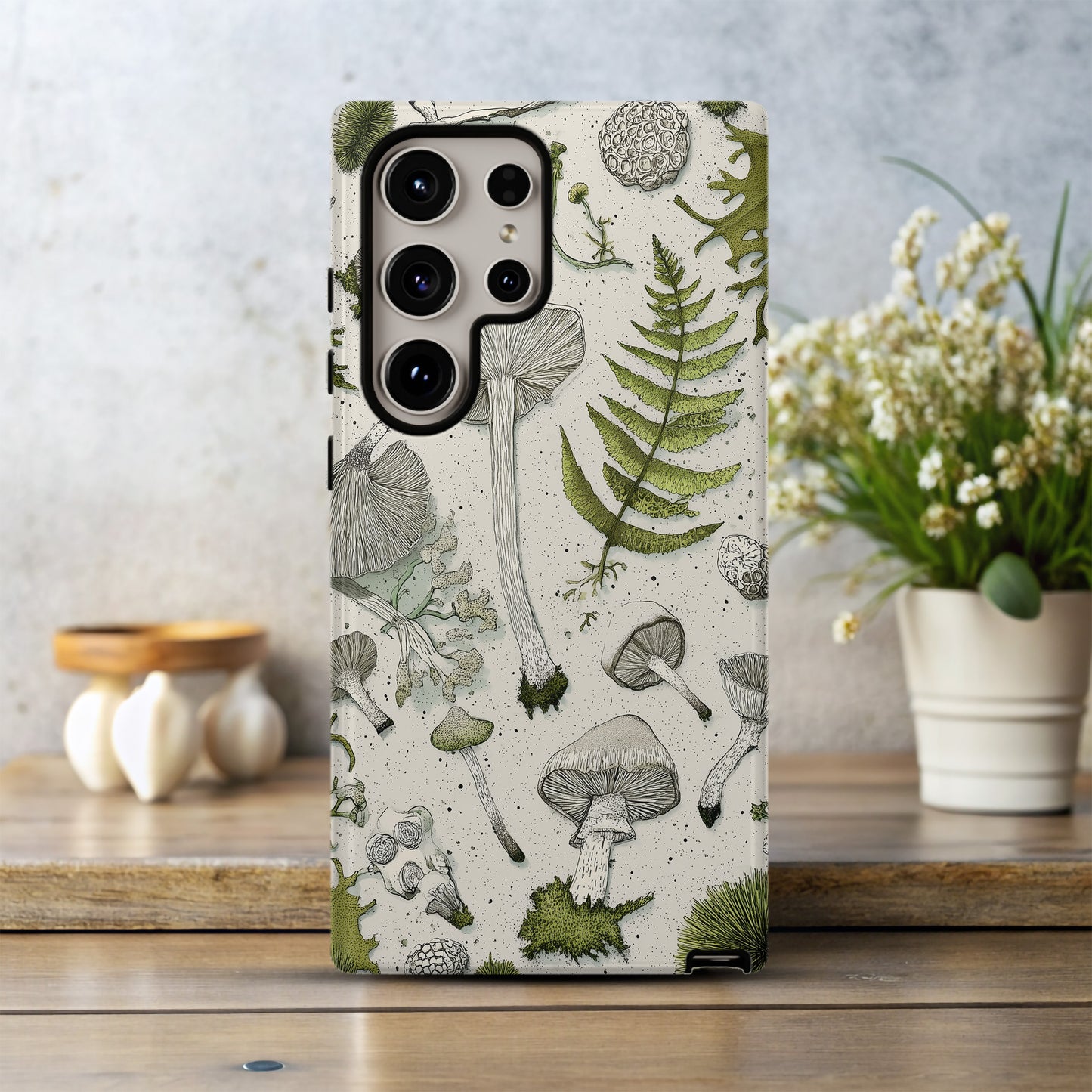 Forest Forager Phone Case – Hand-Drawn Mushrooms, Ferns & Moss in Vintage Botanical Style