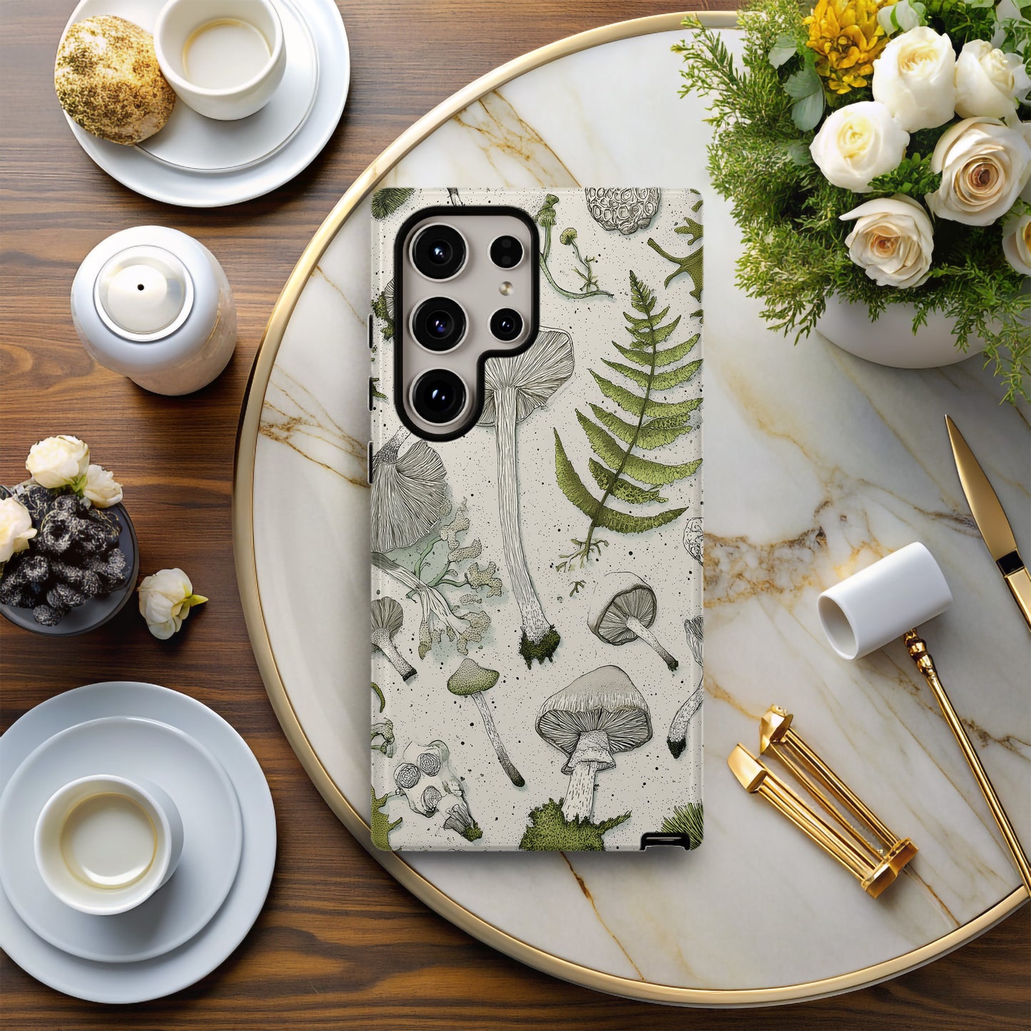 Forest Forager Phone Case – Hand-Drawn Mushrooms, Ferns & Moss in Vintage Botanical Style