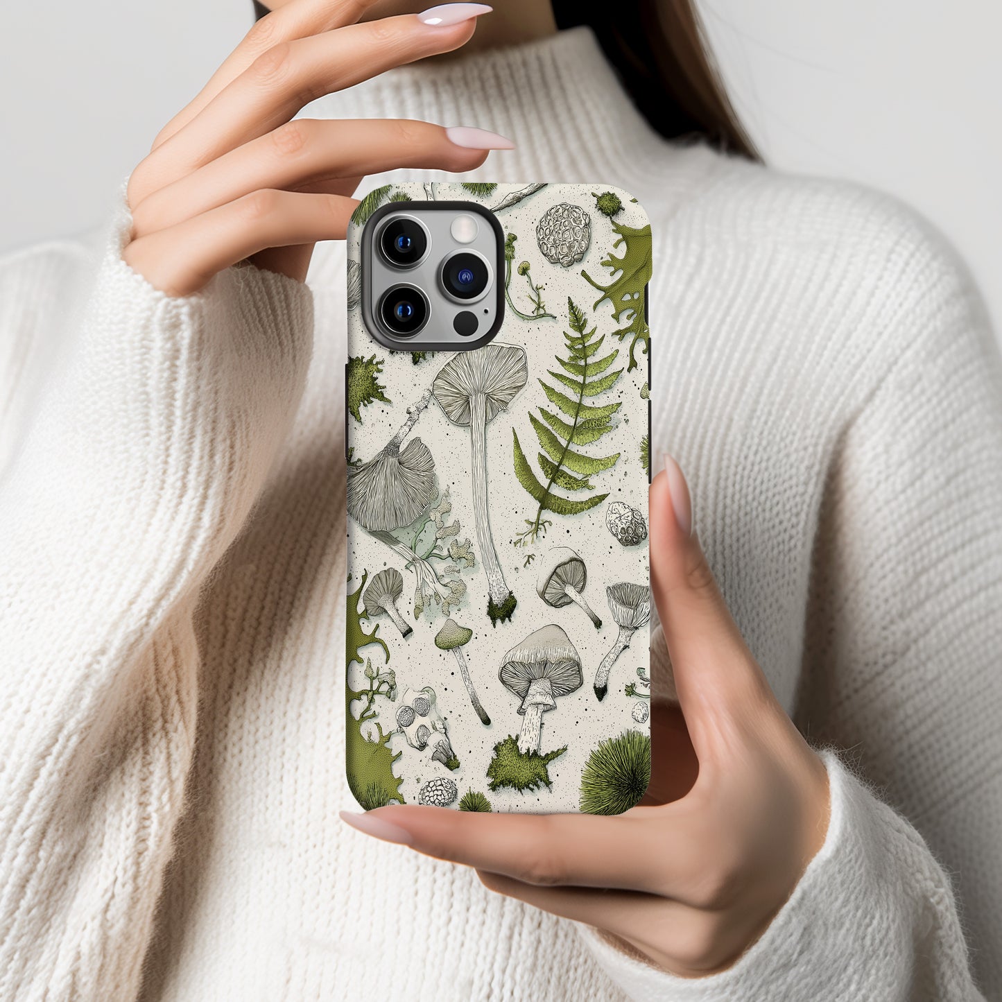 Forest Forager Phone Case – Hand-Drawn Mushrooms, Ferns & Moss in Vintage Botanical Style