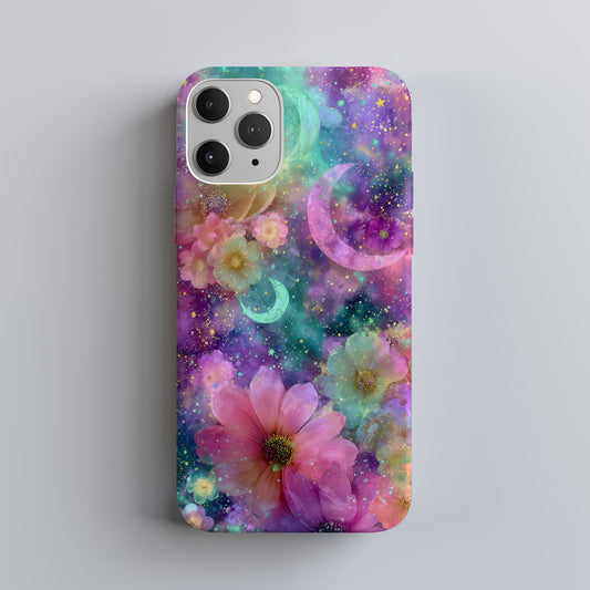 Celestial Bloom Phone Case – Pastel Flowers & Crescent Moons in Cosmic Galaxy