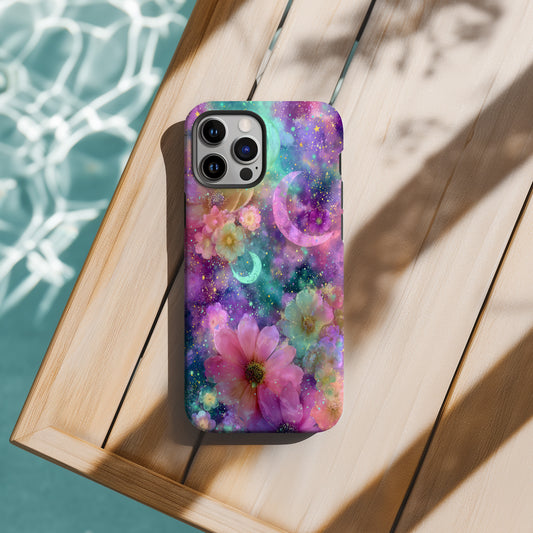 Celestial Bloom Phone Case – Pastel Flowers & Crescent Moons in Cosmic Galaxy