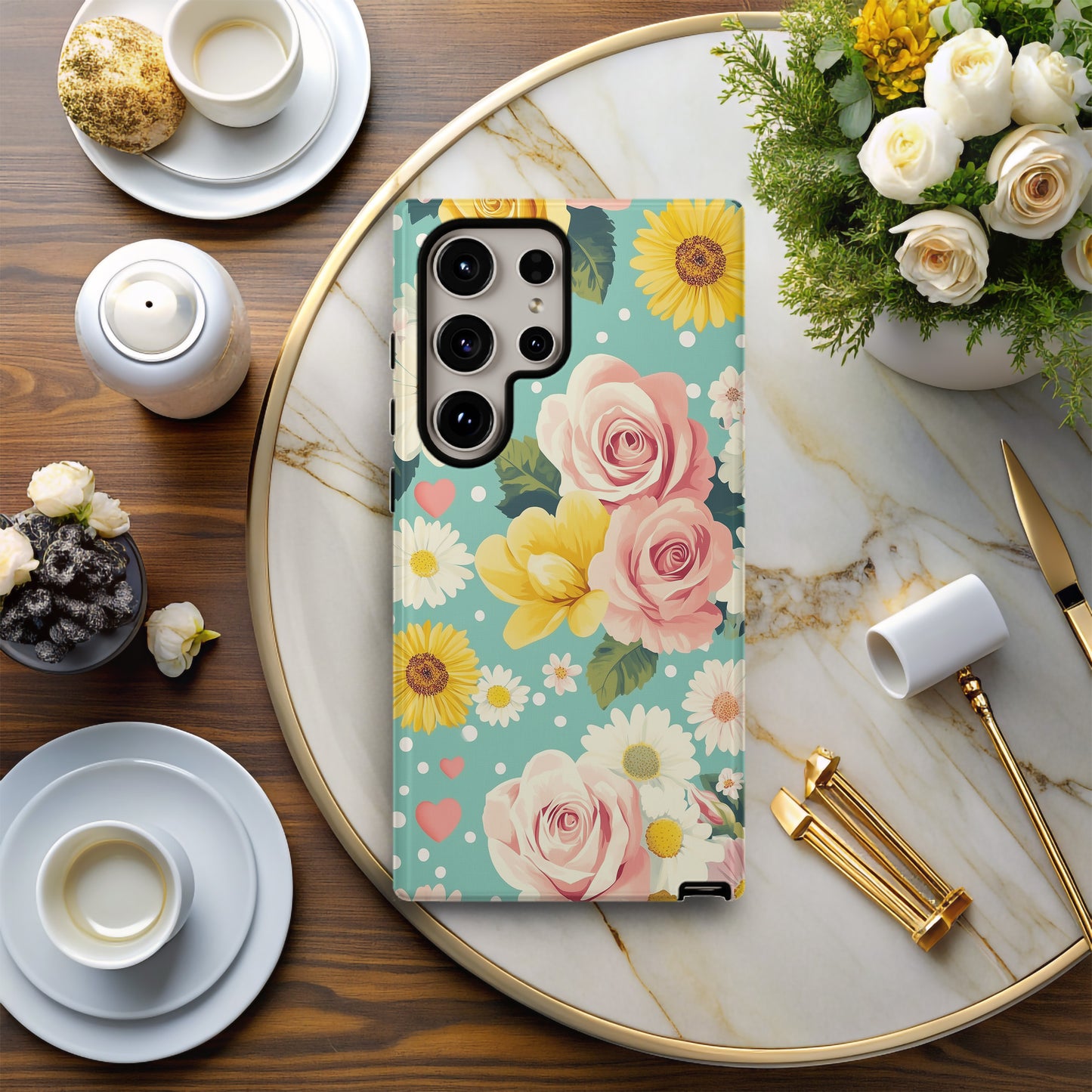 Vintage Blossom Pop Phone Case – Retro Florals with Polka Dot Whimsy
