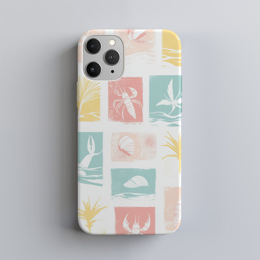 Pastel Beach Block Phone Case – Coastal Crabs, Palms & Shells