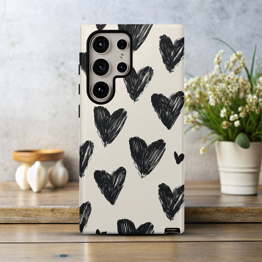 Sketchy Heart Doodle Phone Case – Black Hearts on Cream Background