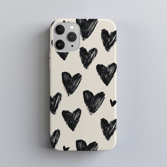 Sketchy Heart Doodle Phone Case – Black Hearts on Cream Background