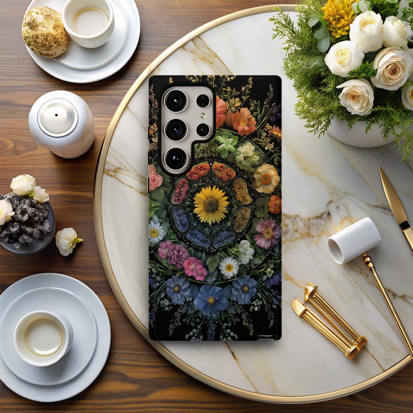 Seasonal Bloom Mandala Phone Case – Nature’s Floral Harmony in Full Circle