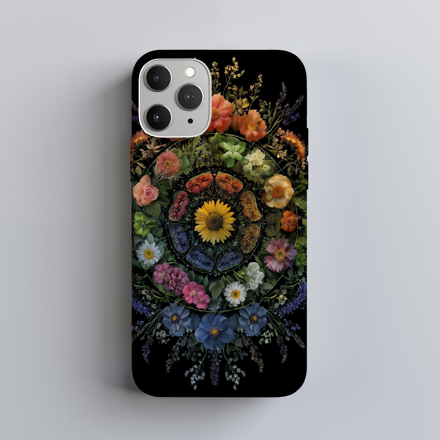 Seasonal Bloom Mandala Phone Case – Nature’s Floral Harmony in Full Circle