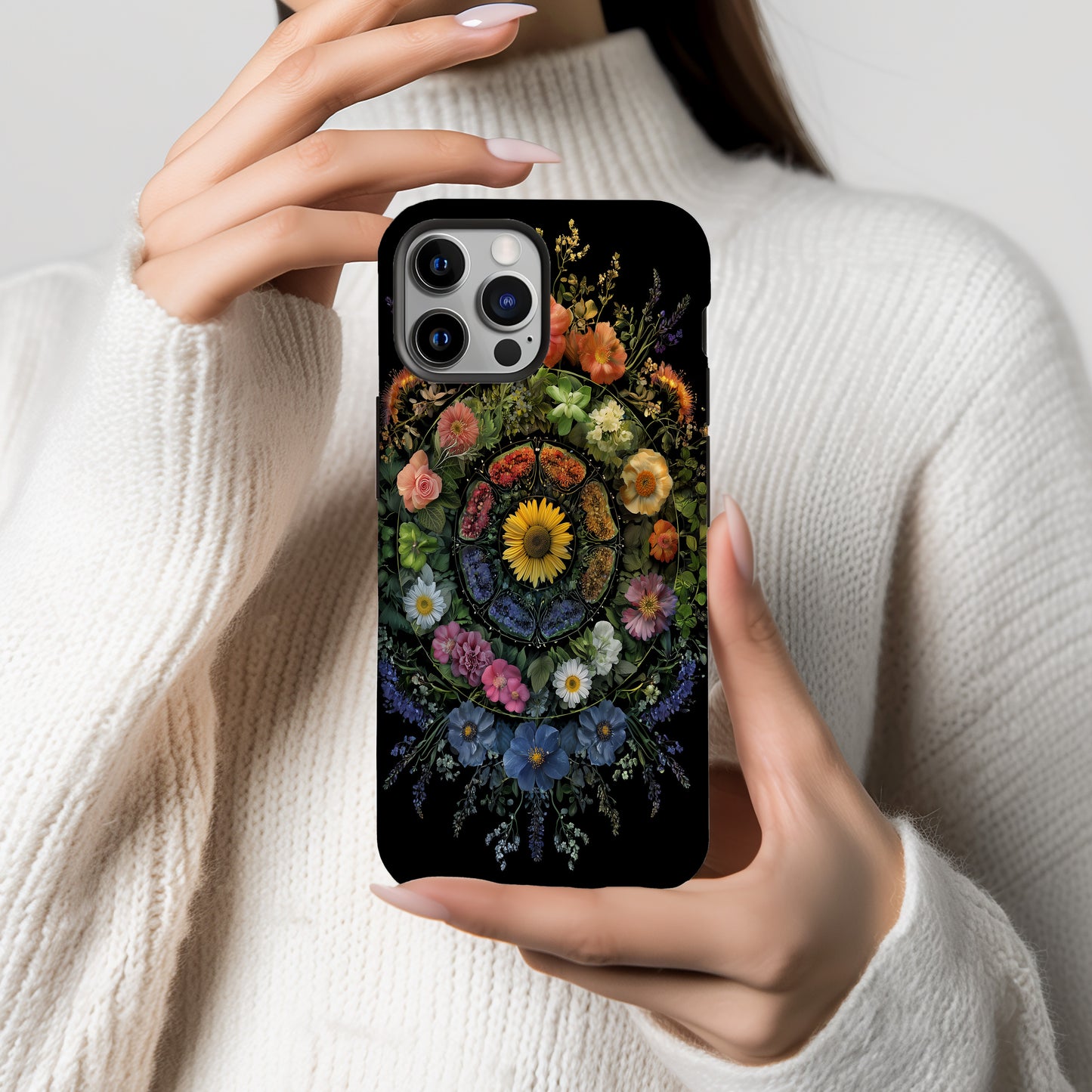 Seasonal Bloom Mandala Phone Case – Nature’s Floral Harmony in Full Circle