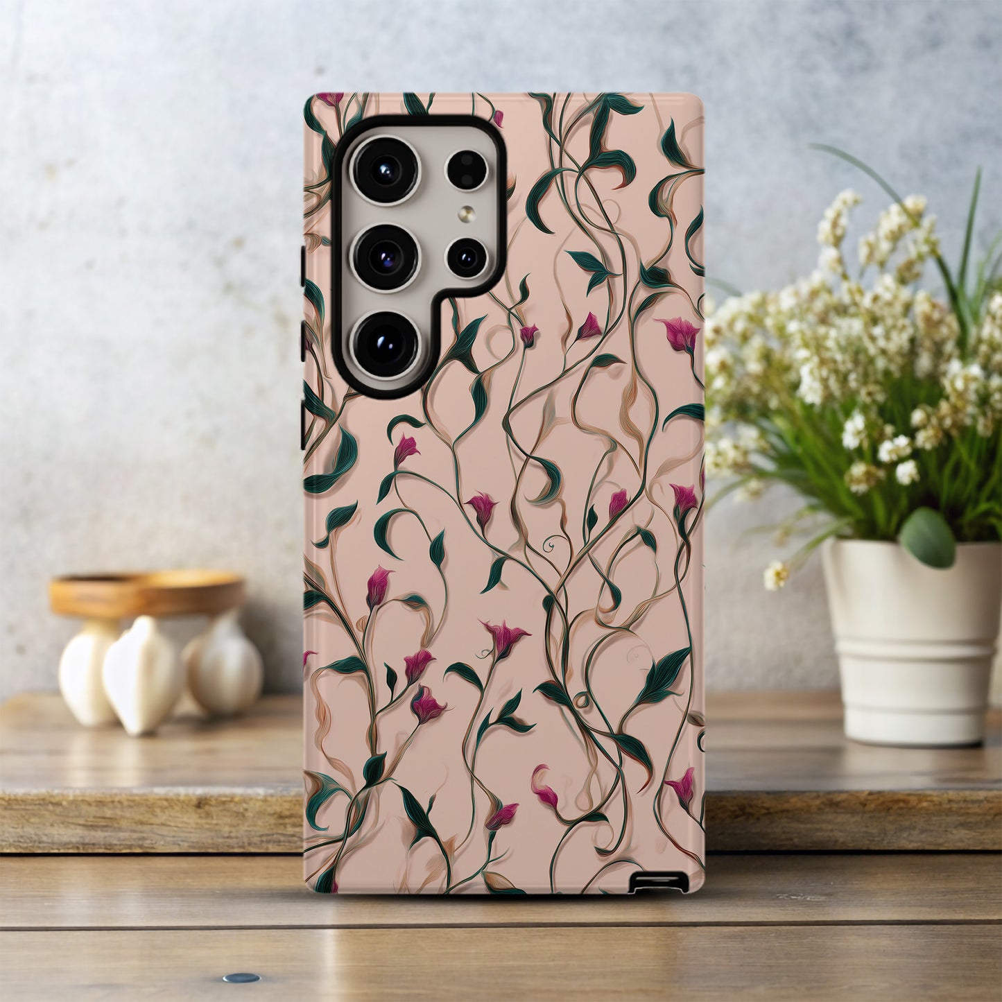 Twisting Vines & Wild Petals Phone Case – Elegant Botanical Flow on Soft Blush