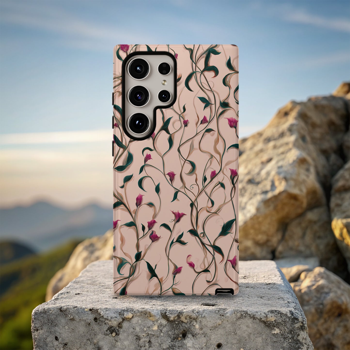 Twisting Vines & Wild Petals Phone Case – Elegant Botanical Flow on Soft Blush