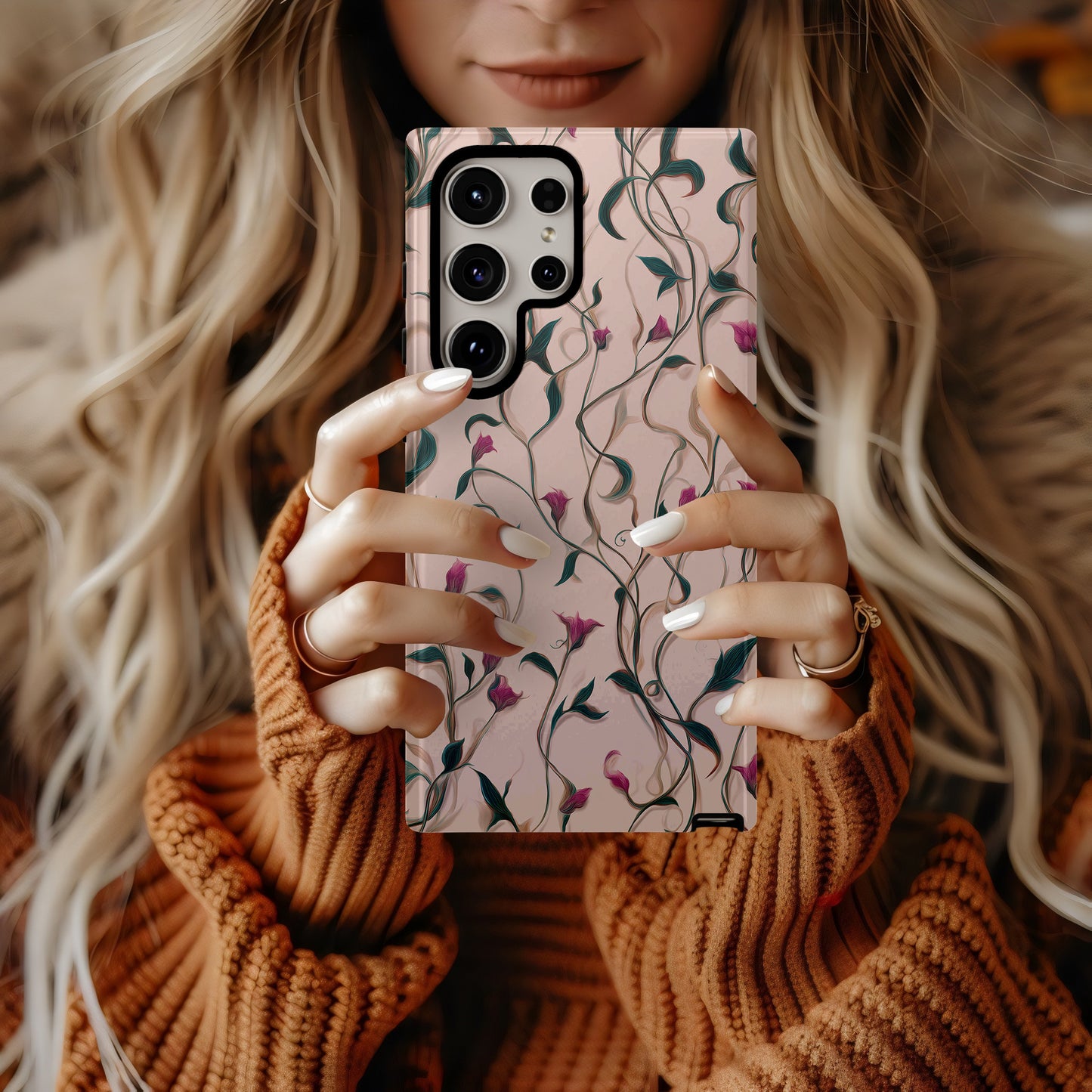 Twisting Vines & Wild Petals Phone Case – Elegant Botanical Flow on Soft Blush