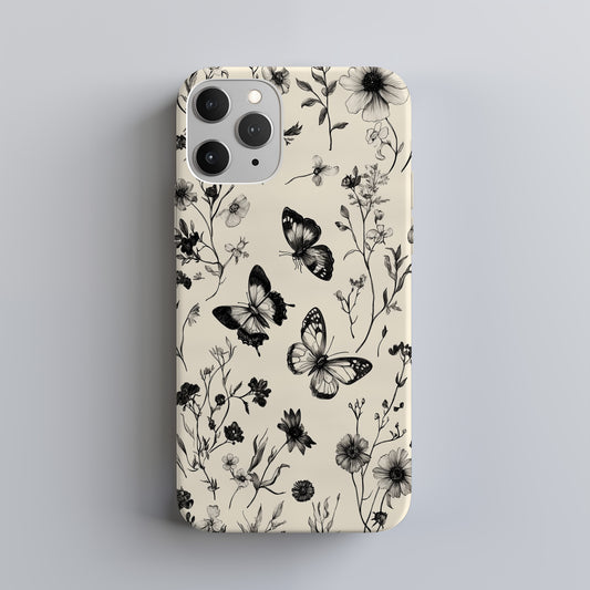 Botanical Etching Phone Case – Vintage Florals & Butterflies in Inked Detail