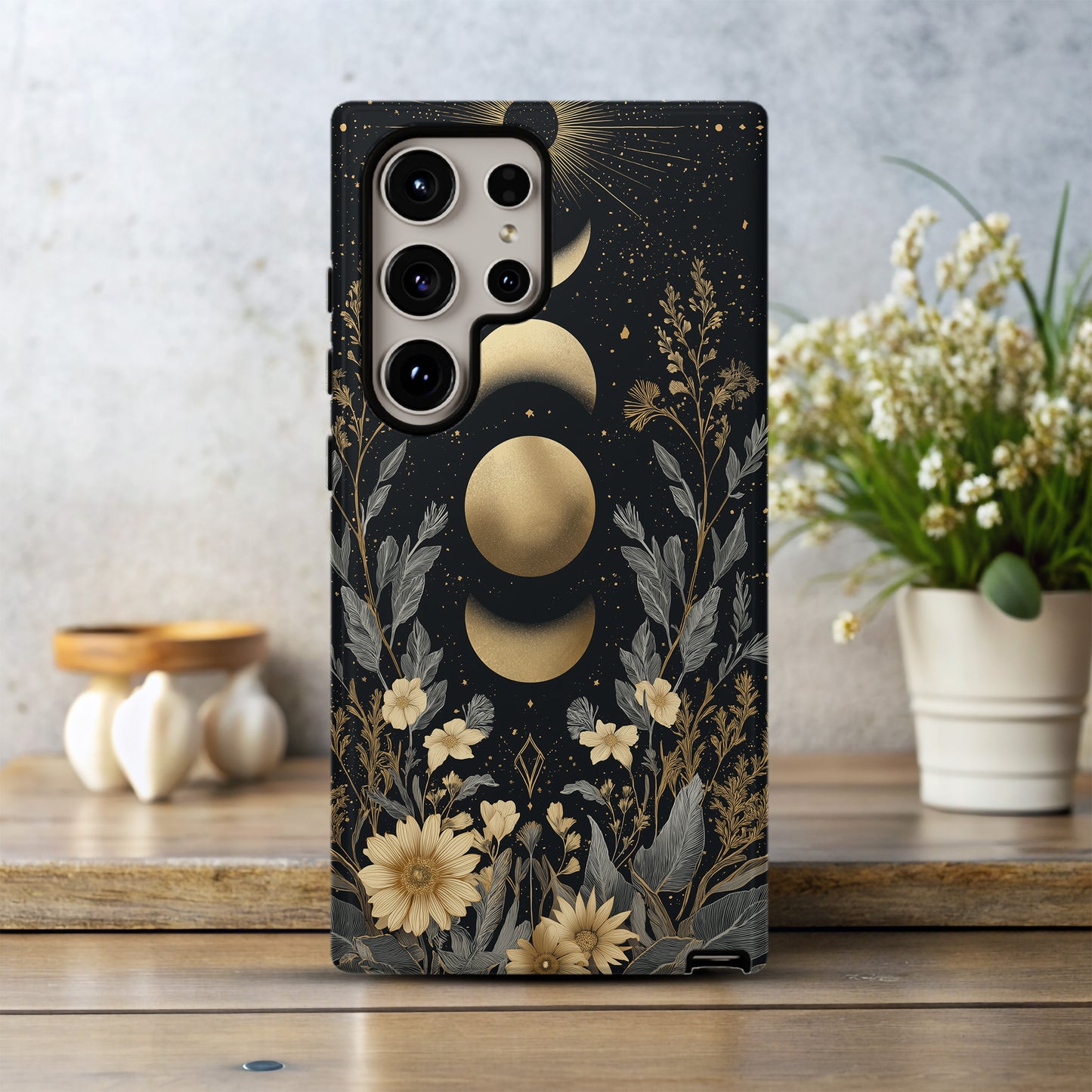 Golden Moon Phase Floral Phone Case – Celestial Boho Night Garden