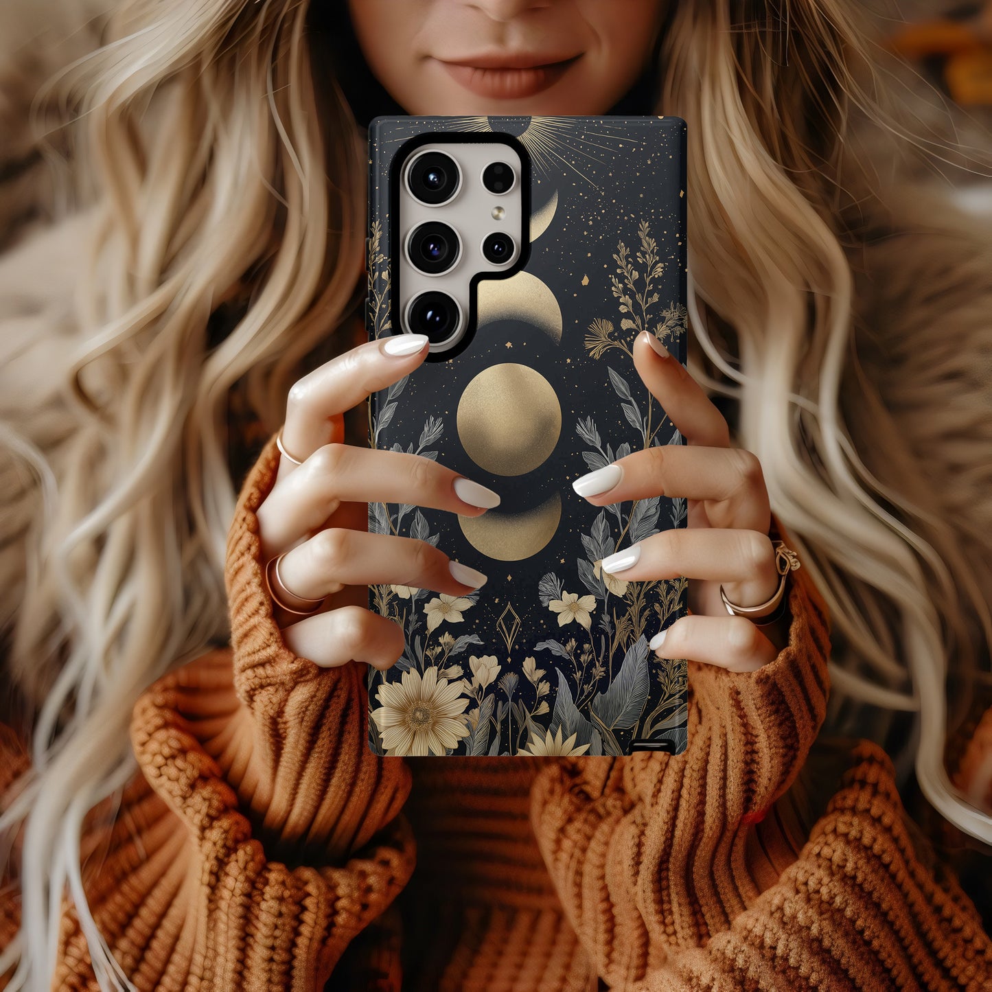 Golden Moon Phase Floral Phone Case – Celestial Boho Night Garden