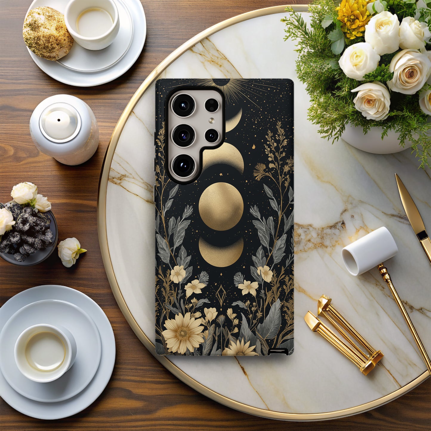 Golden Moon Phase Floral Phone Case – Celestial Boho Night Garden