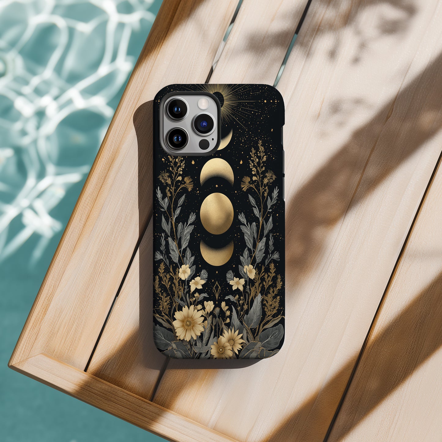 Golden Moon Phase Floral Phone Case – Celestial Boho Night Garden