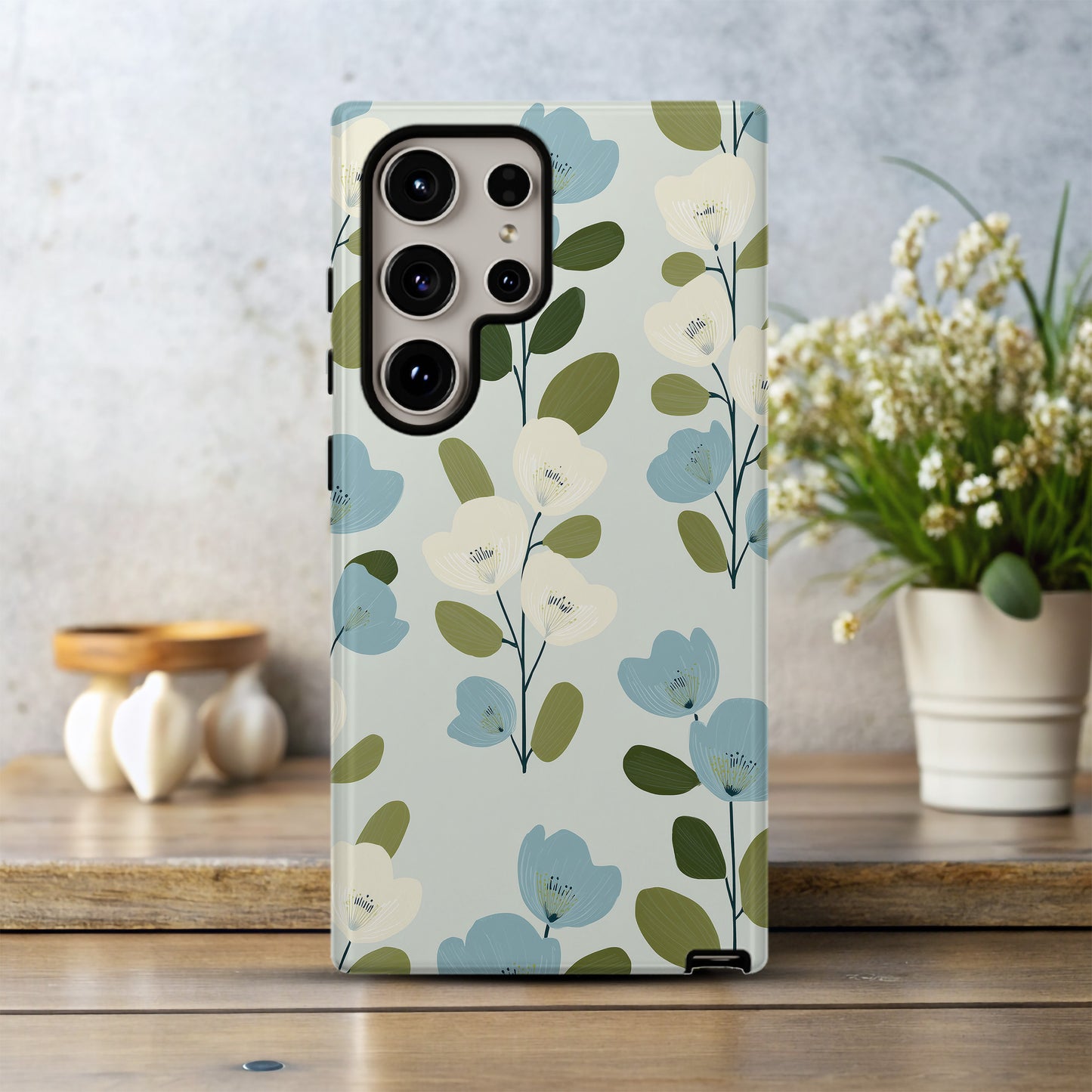Nordic Bloom Phone Case – Minimal Blue & Cream Floral Motif