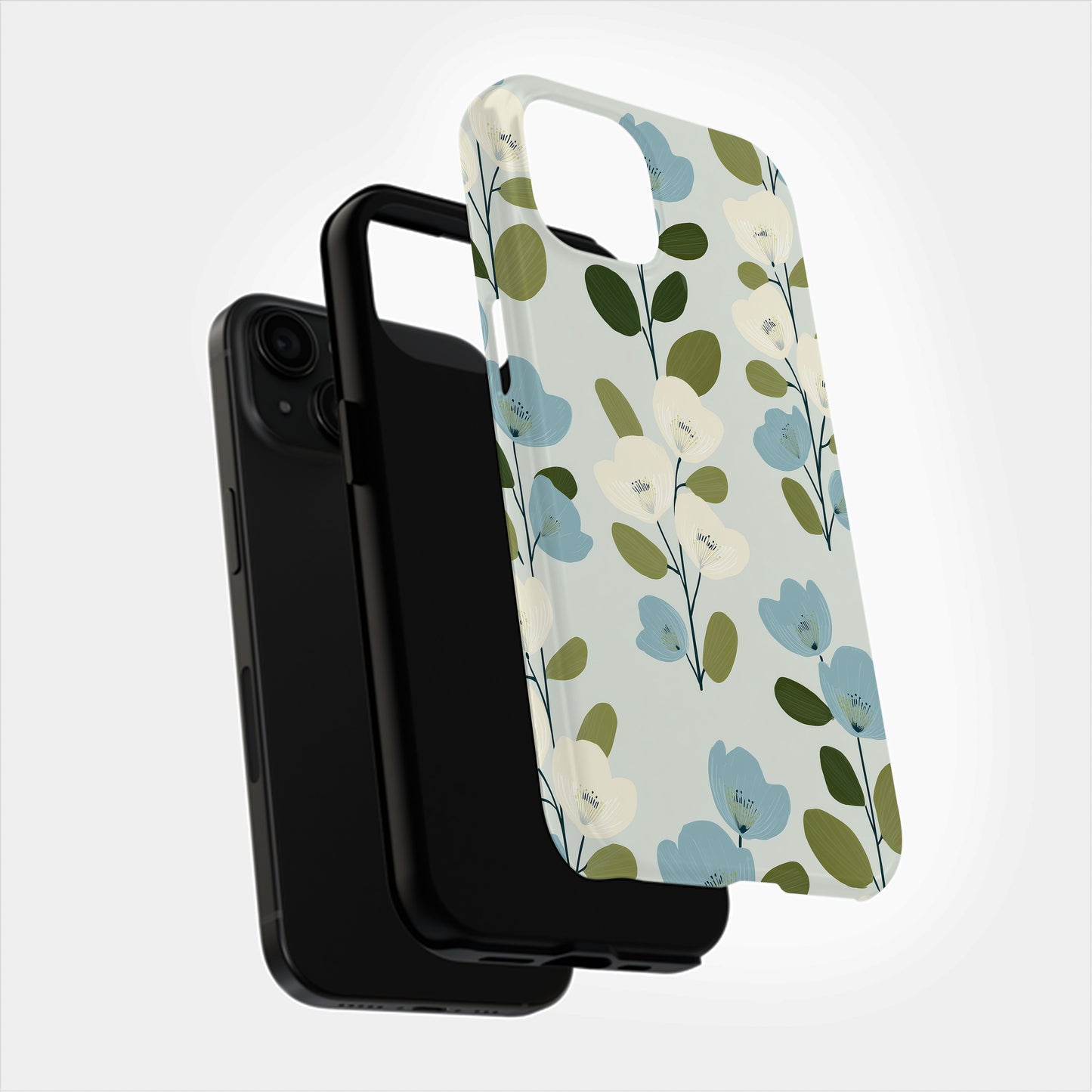 Nordic Bloom Phone Case – Minimal Blue & Cream Floral Motif