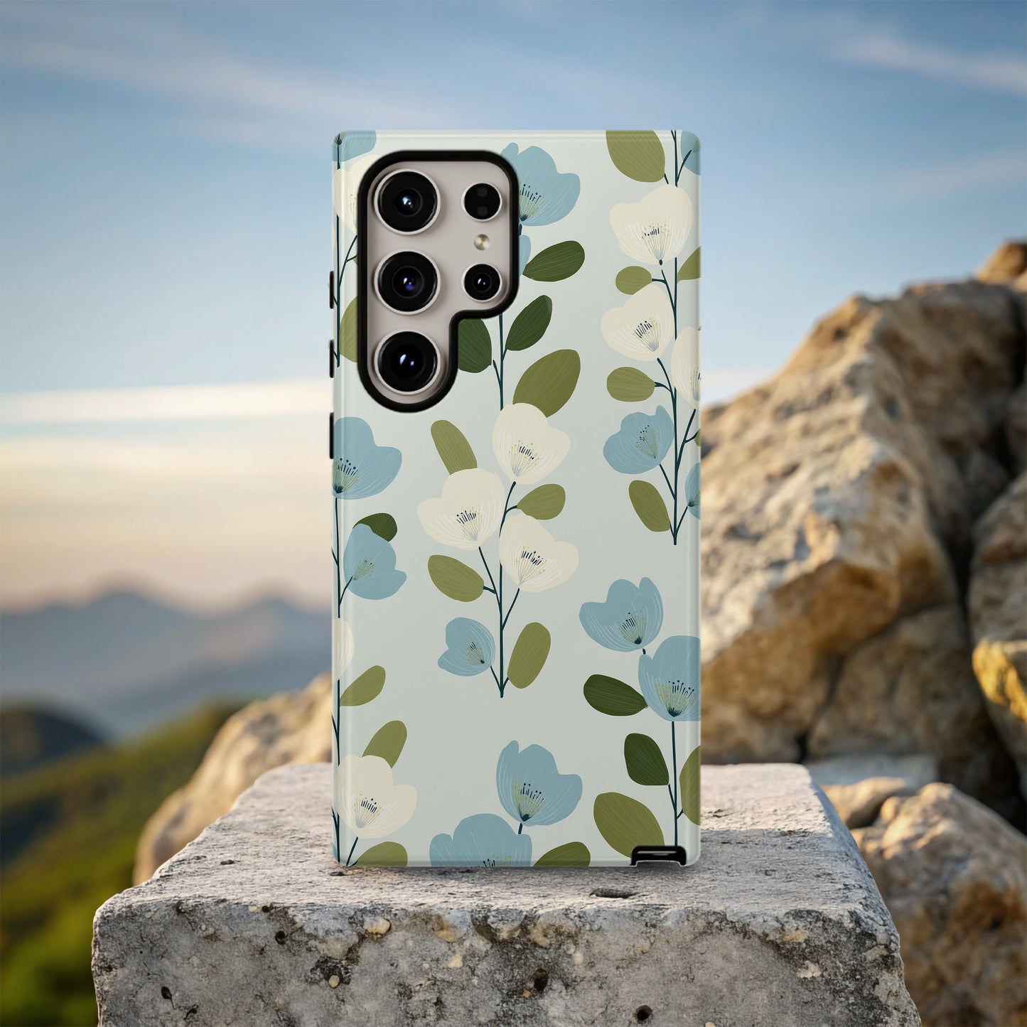 Nordic Bloom Phone Case – Minimal Blue & Cream Floral Motif