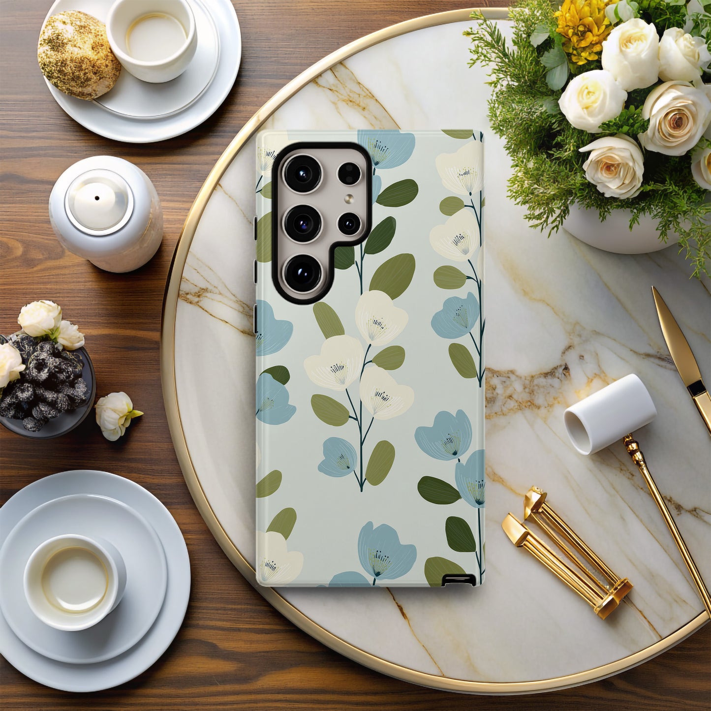 Nordic Bloom Phone Case – Minimal Blue & Cream Floral Motif