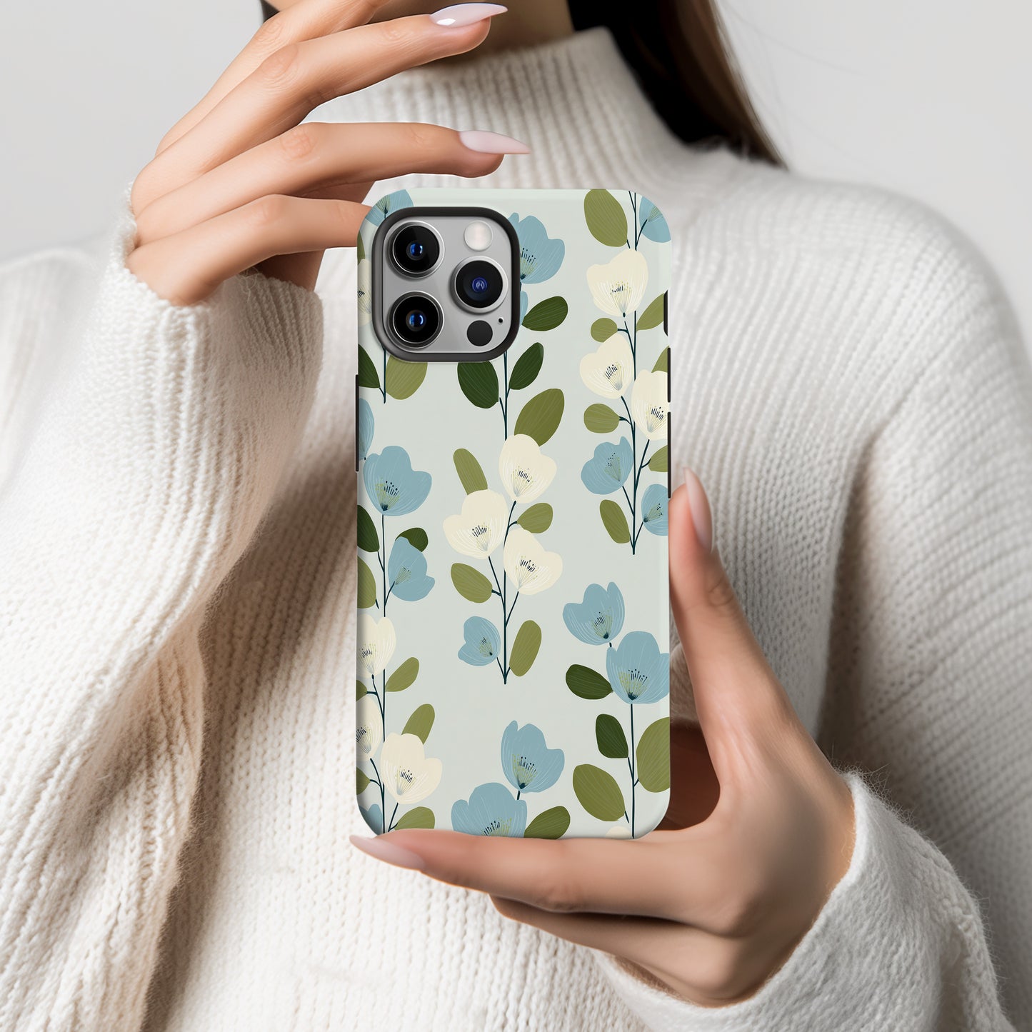 Nordic Bloom Phone Case – Minimal Blue & Cream Floral Motif