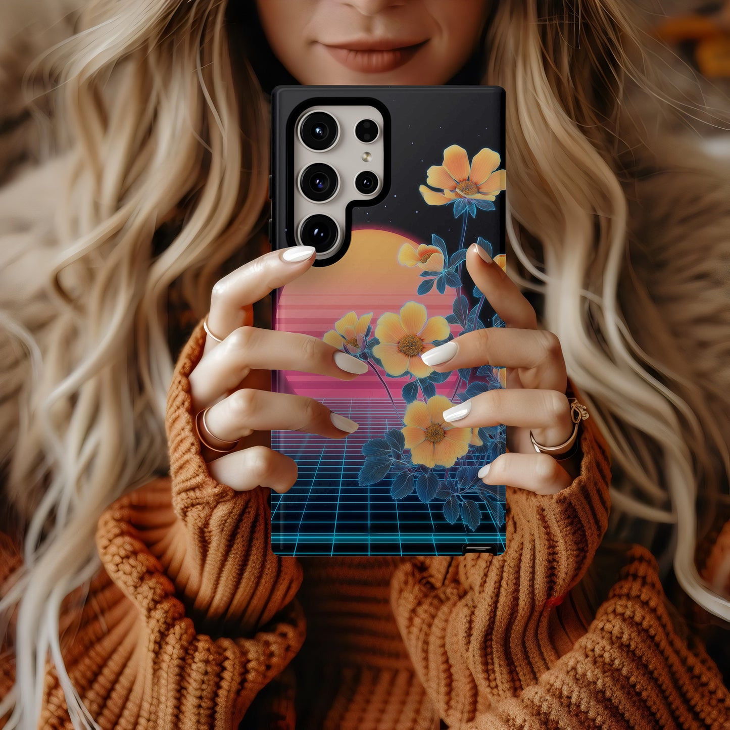 Neon Bloom Horizon Phone Case – Floral Meets Synthwave