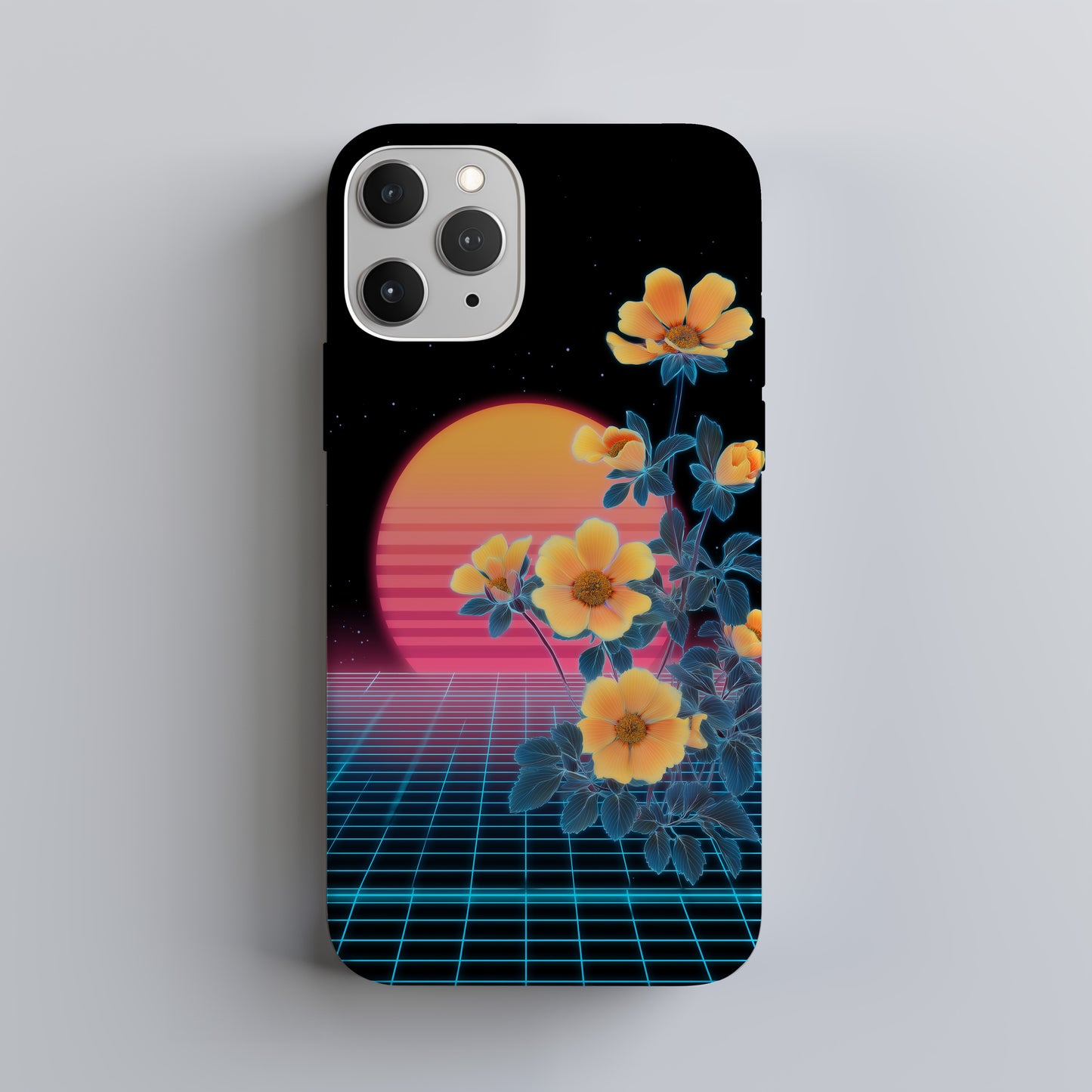 Neon Bloom Horizon Phone Case – Floral Meets Synthwave