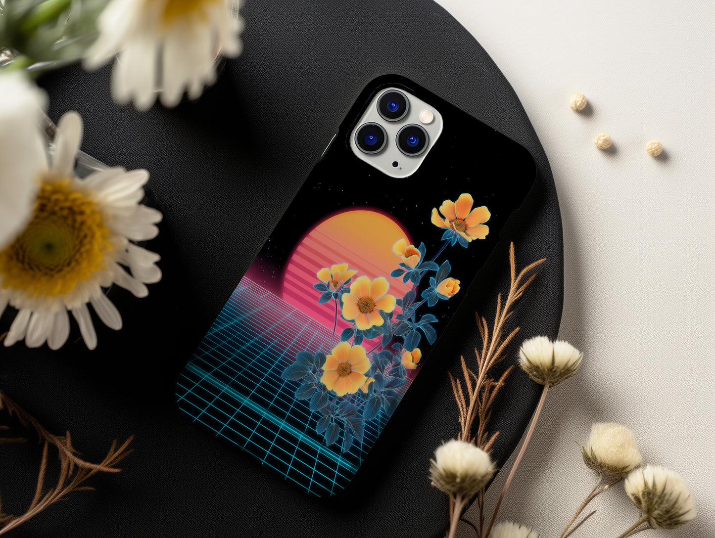 Neon Bloom Horizon Phone Case – Floral Meets Synthwave