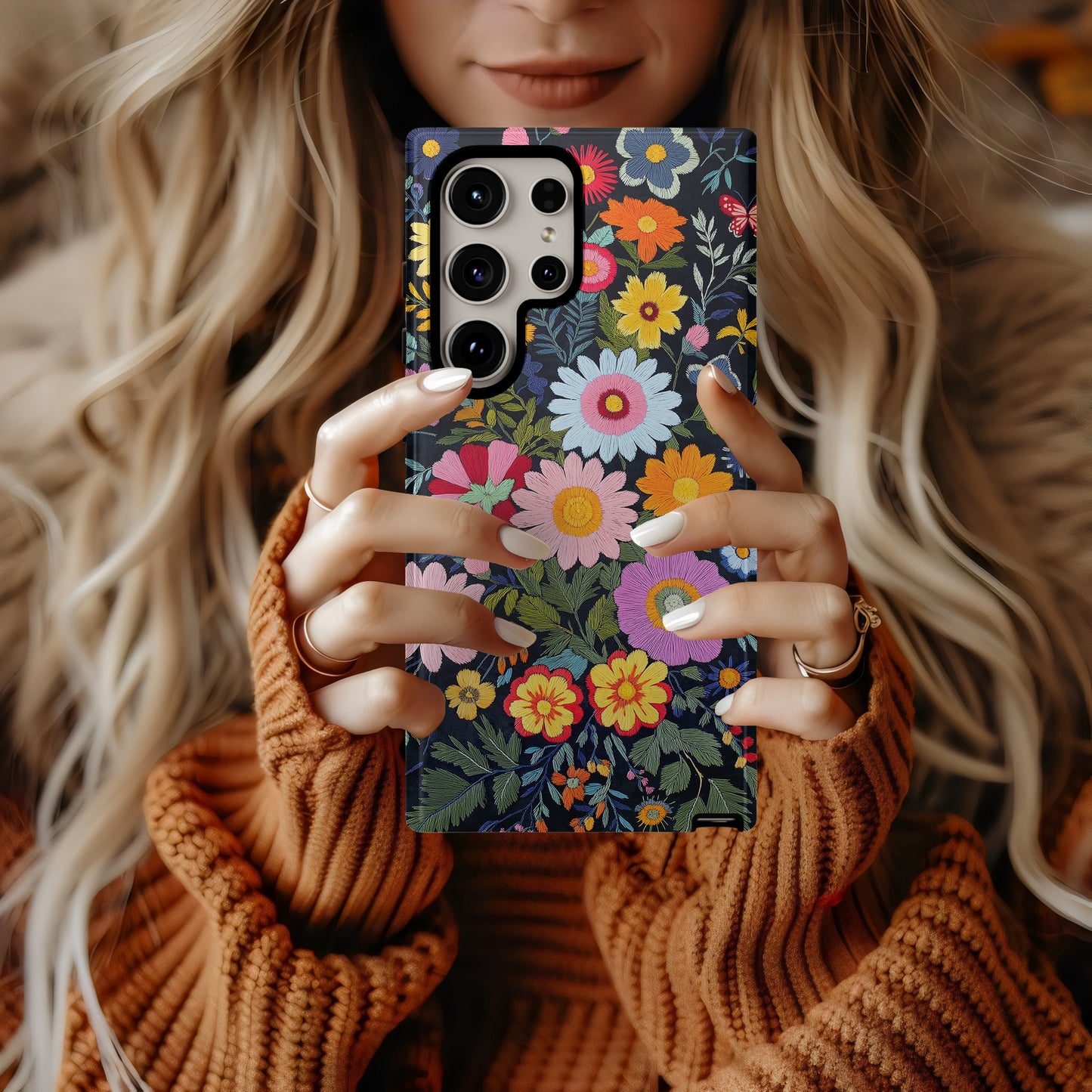 Midnight Bloom – Embroidered Wildflower Phone Case