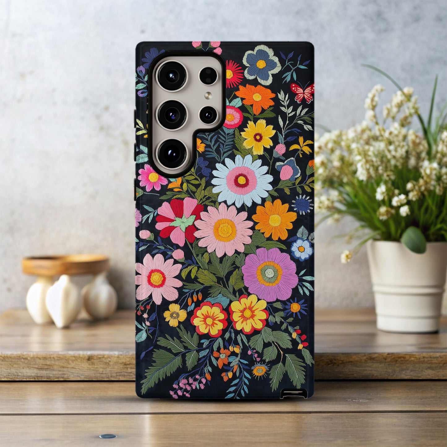 Midnight Bloom – Embroidered Wildflower Phone Case