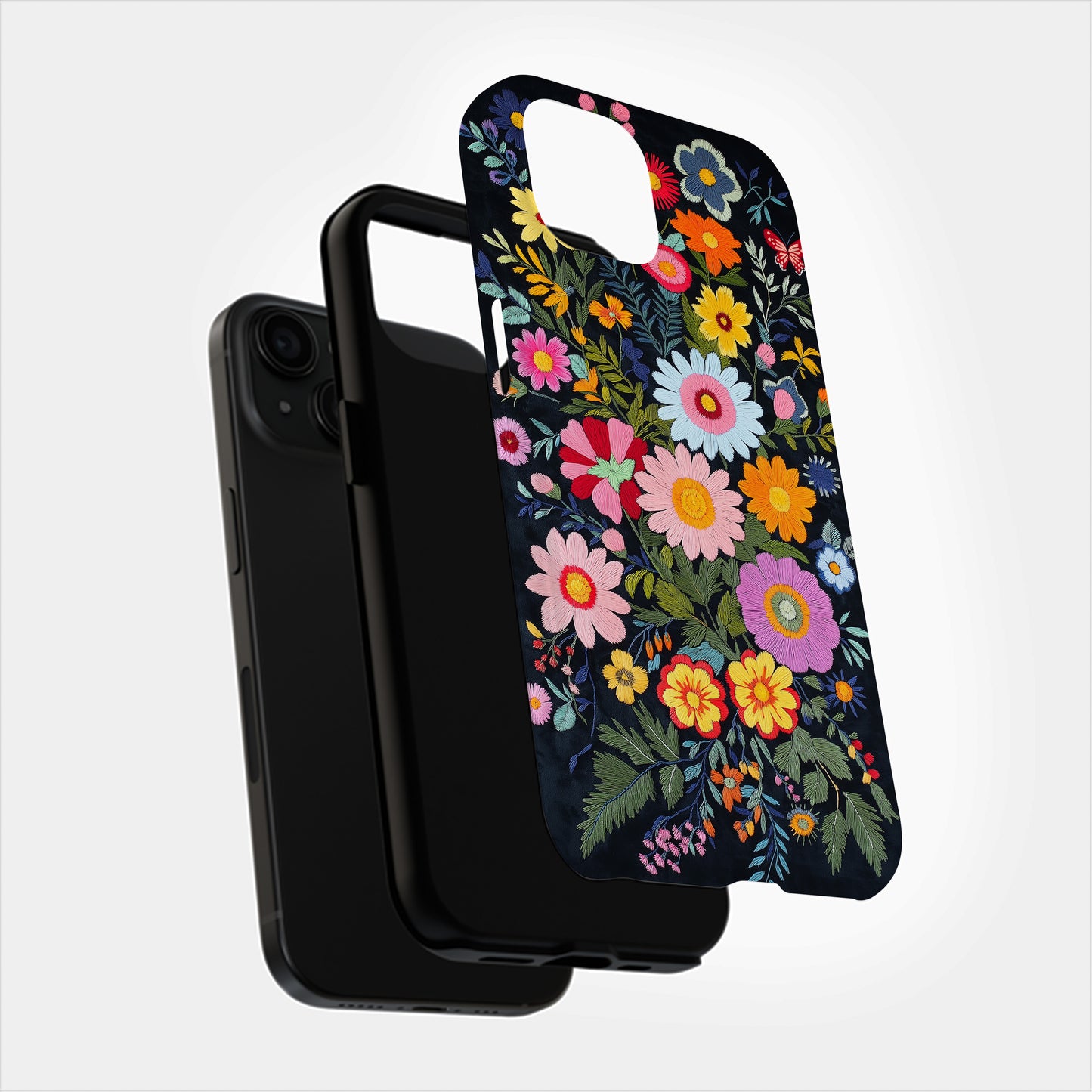 Midnight Bloom – Embroidered Wildflower Phone Case