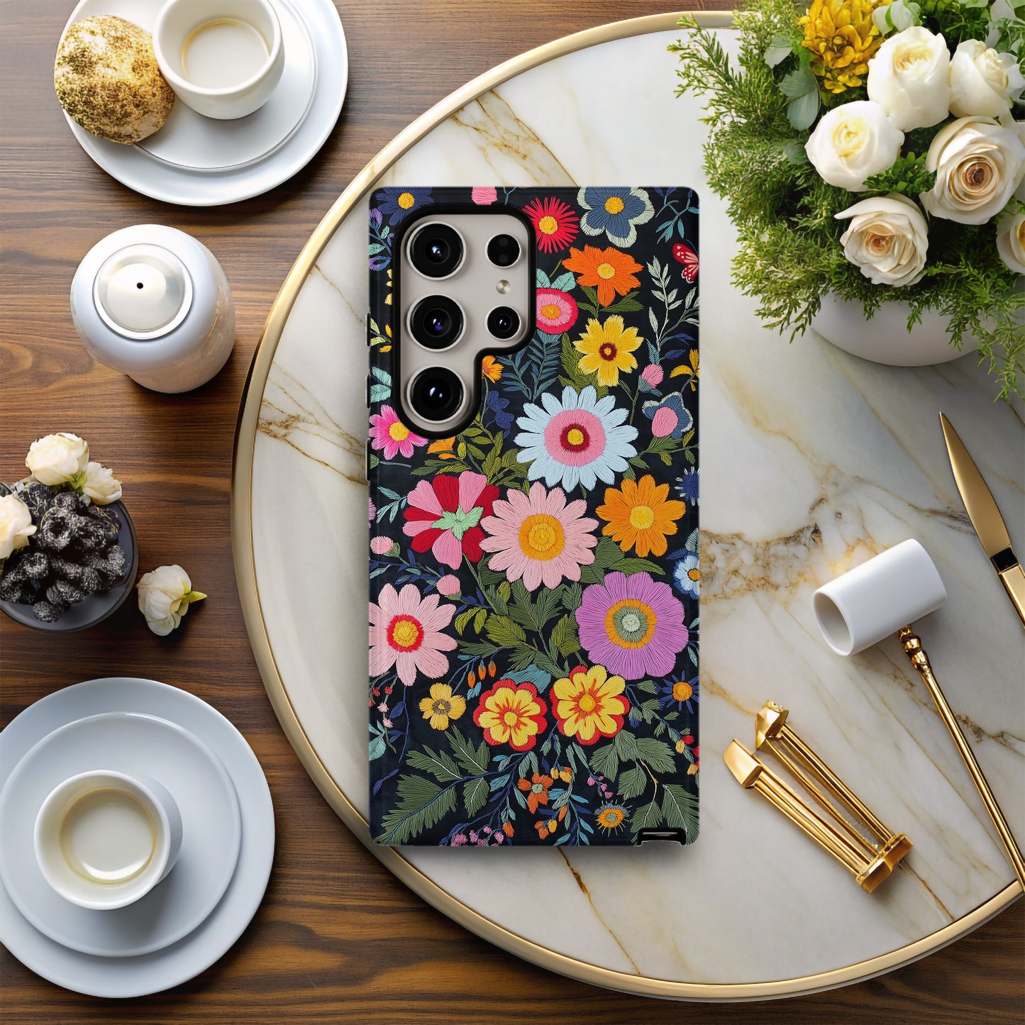 Midnight Bloom – Embroidered Wildflower Phone Case
