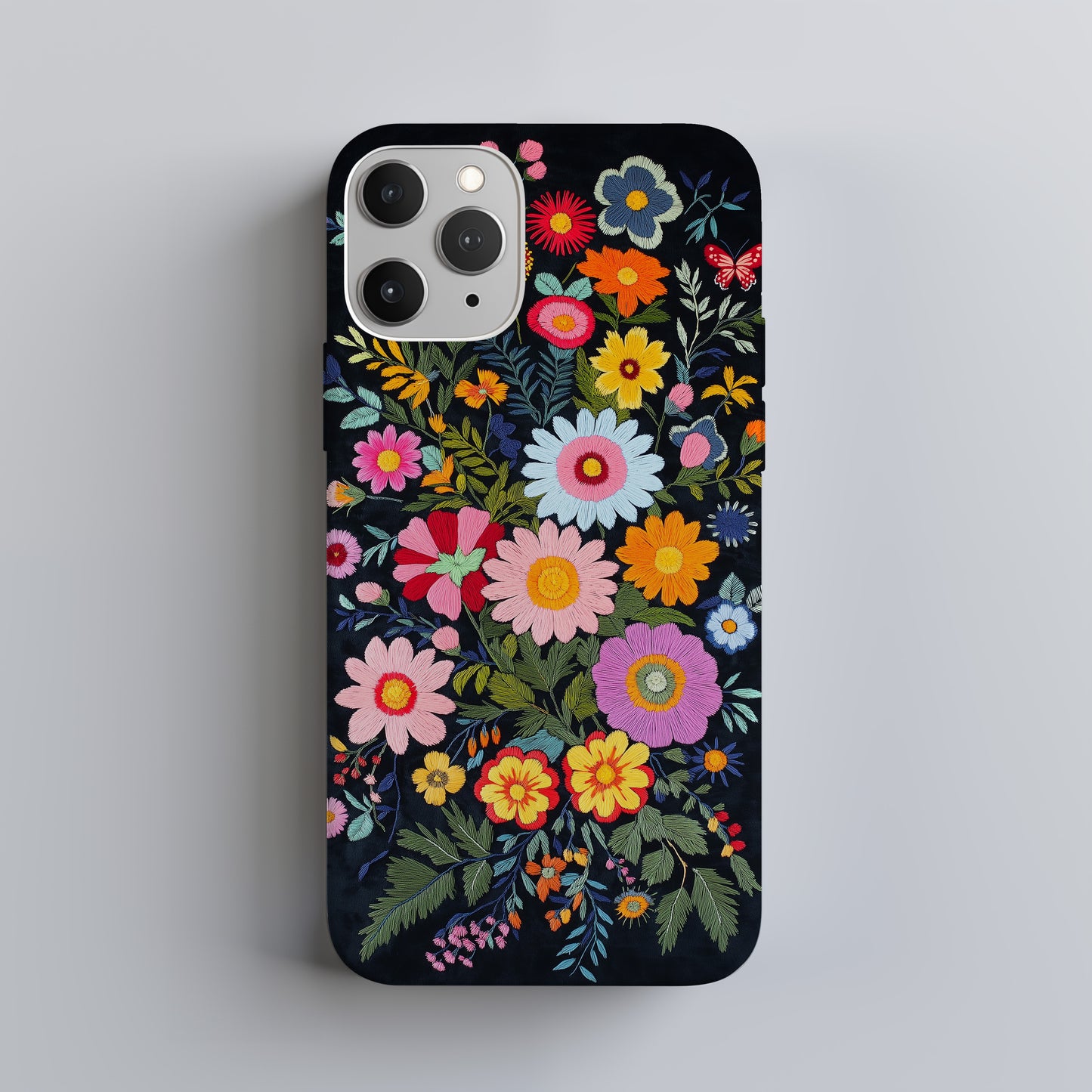 Midnight Bloom – Embroidered Wildflower Phone Case