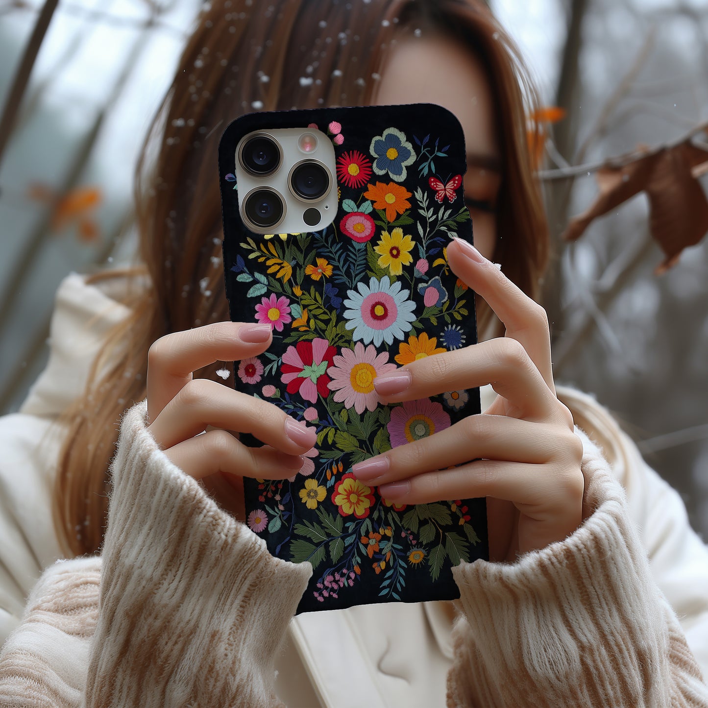 Midnight Bloom – Embroidered Wildflower Phone Case