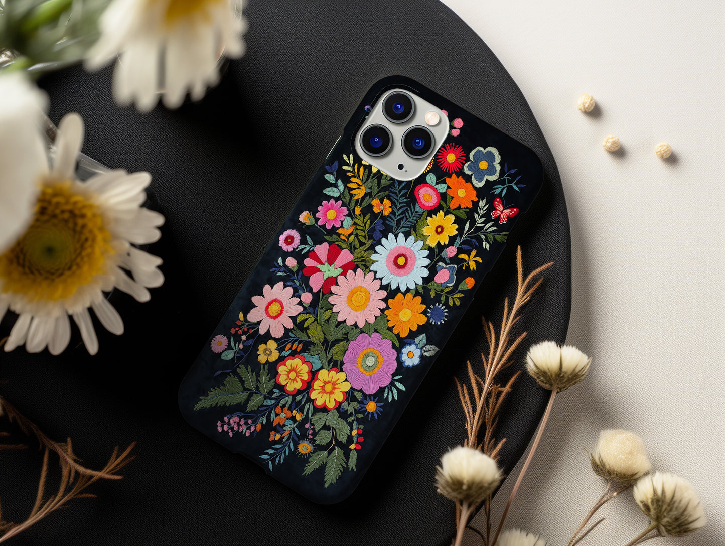 Midnight Bloom – Embroidered Wildflower Phone Case
