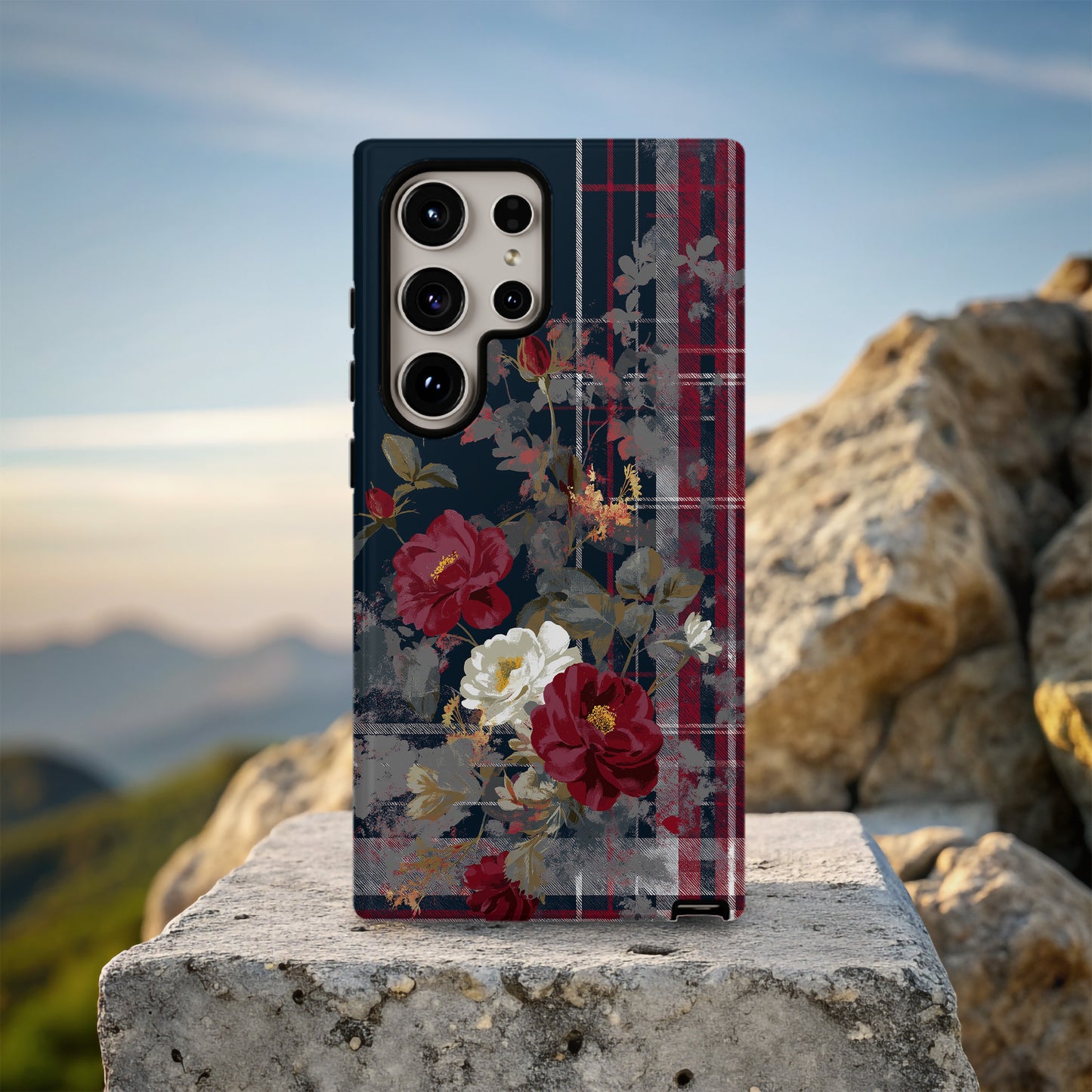 Midnight Rose Tartan – Vintage Floral Plaid Phone Case