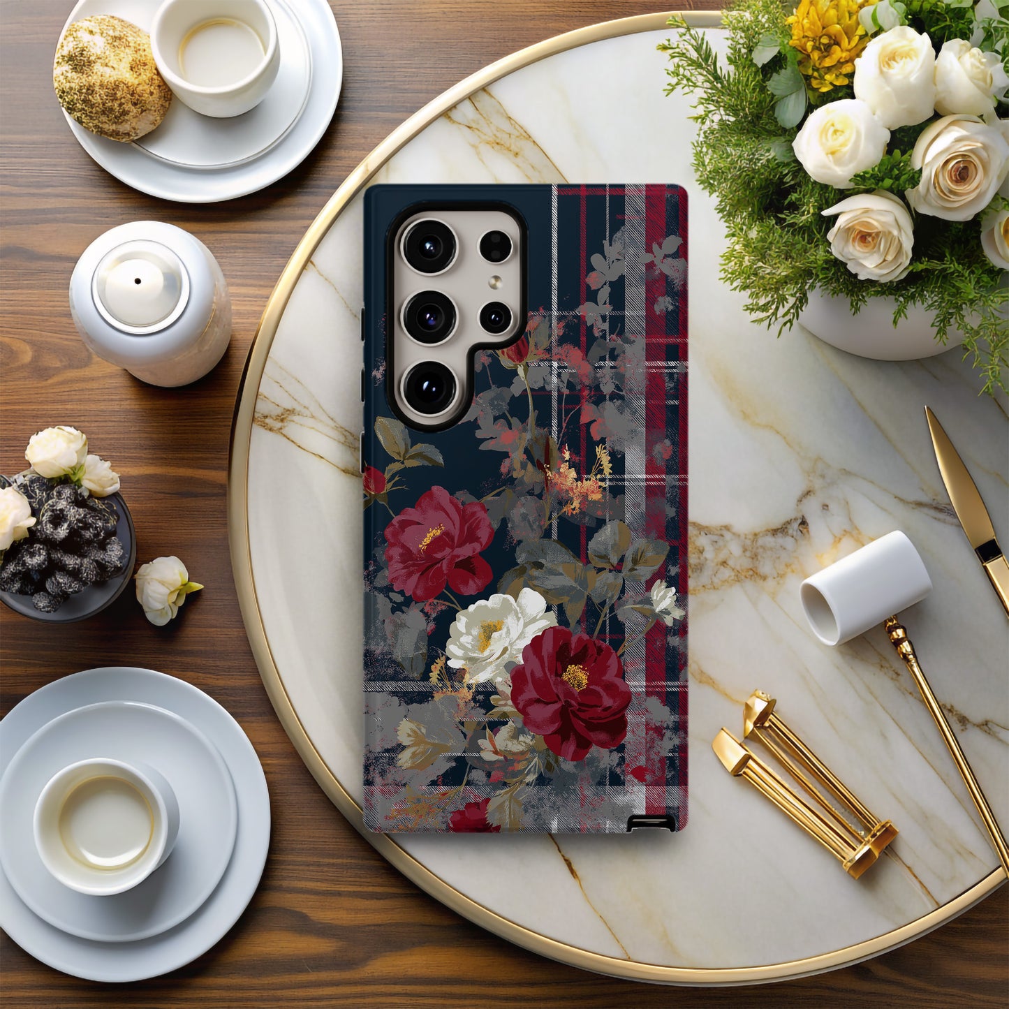 Midnight Rose Tartan – Vintage Floral Plaid Phone Case