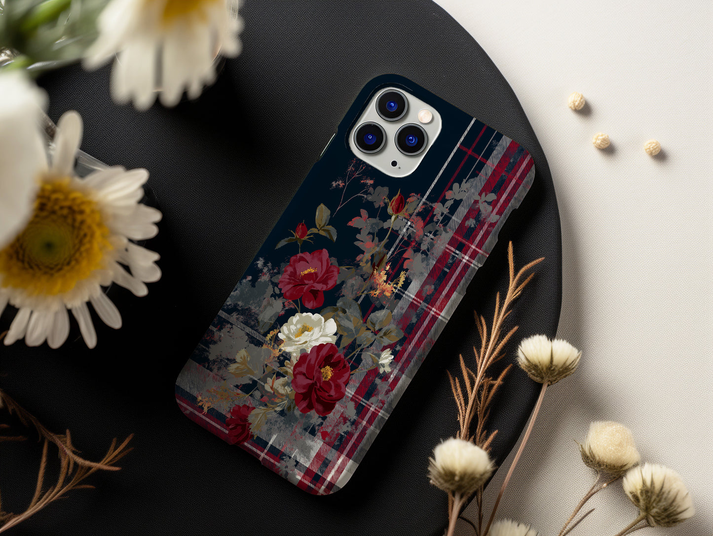 Midnight Rose Tartan – Vintage Floral Plaid Phone Case