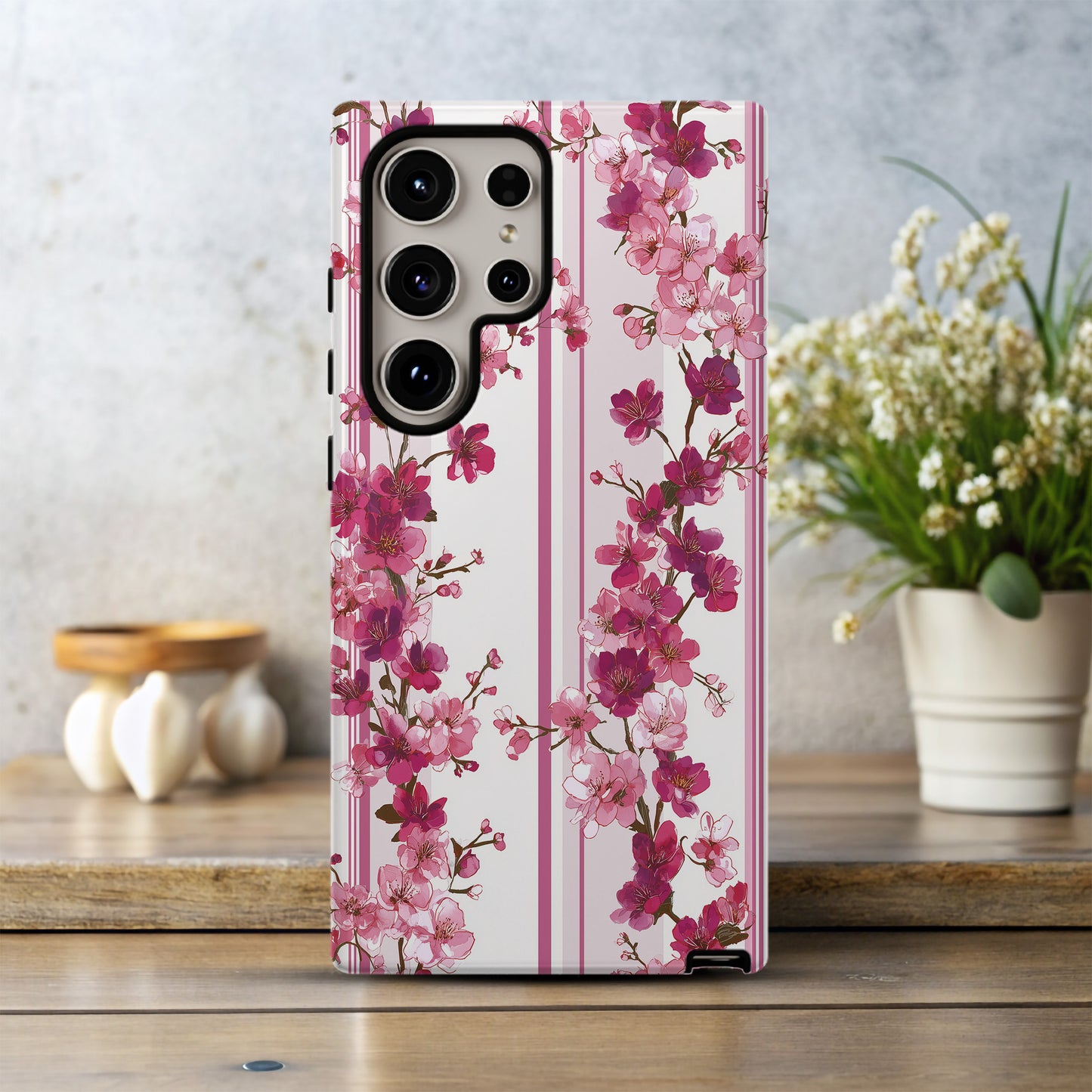 Cherry Blossom Bliss – Elegant Floral Stripe Case