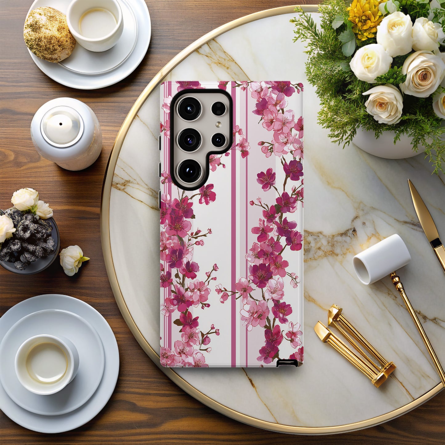 Cherry Blossom Bliss – Elegant Floral Stripe Case