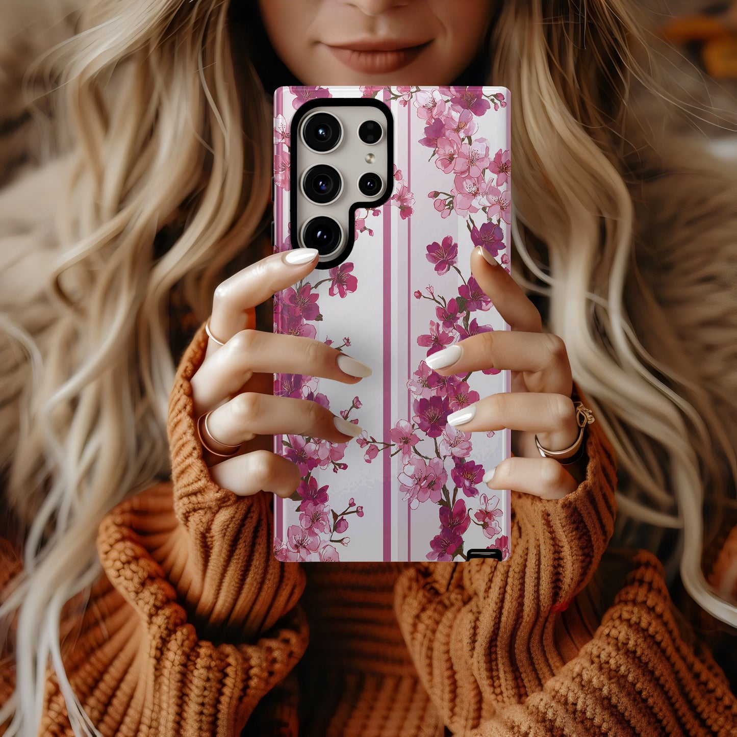 Cherry Blossom Bliss – Elegant Floral Stripe Case