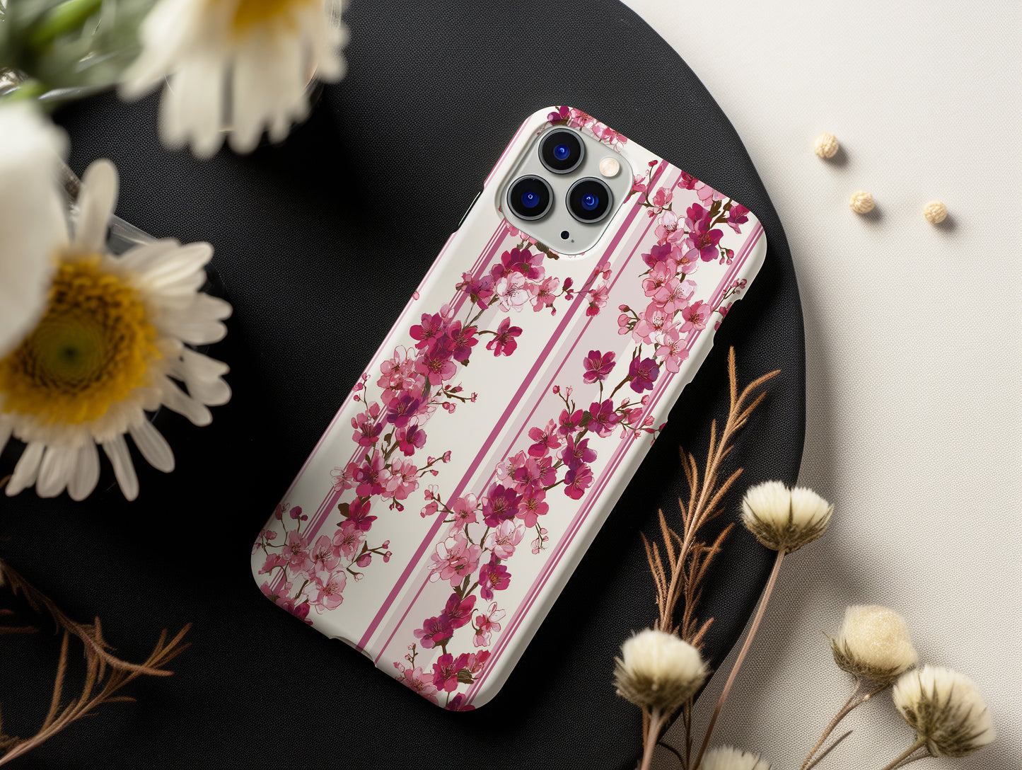Cherry Blossom Bliss – Elegant Floral Stripe Case