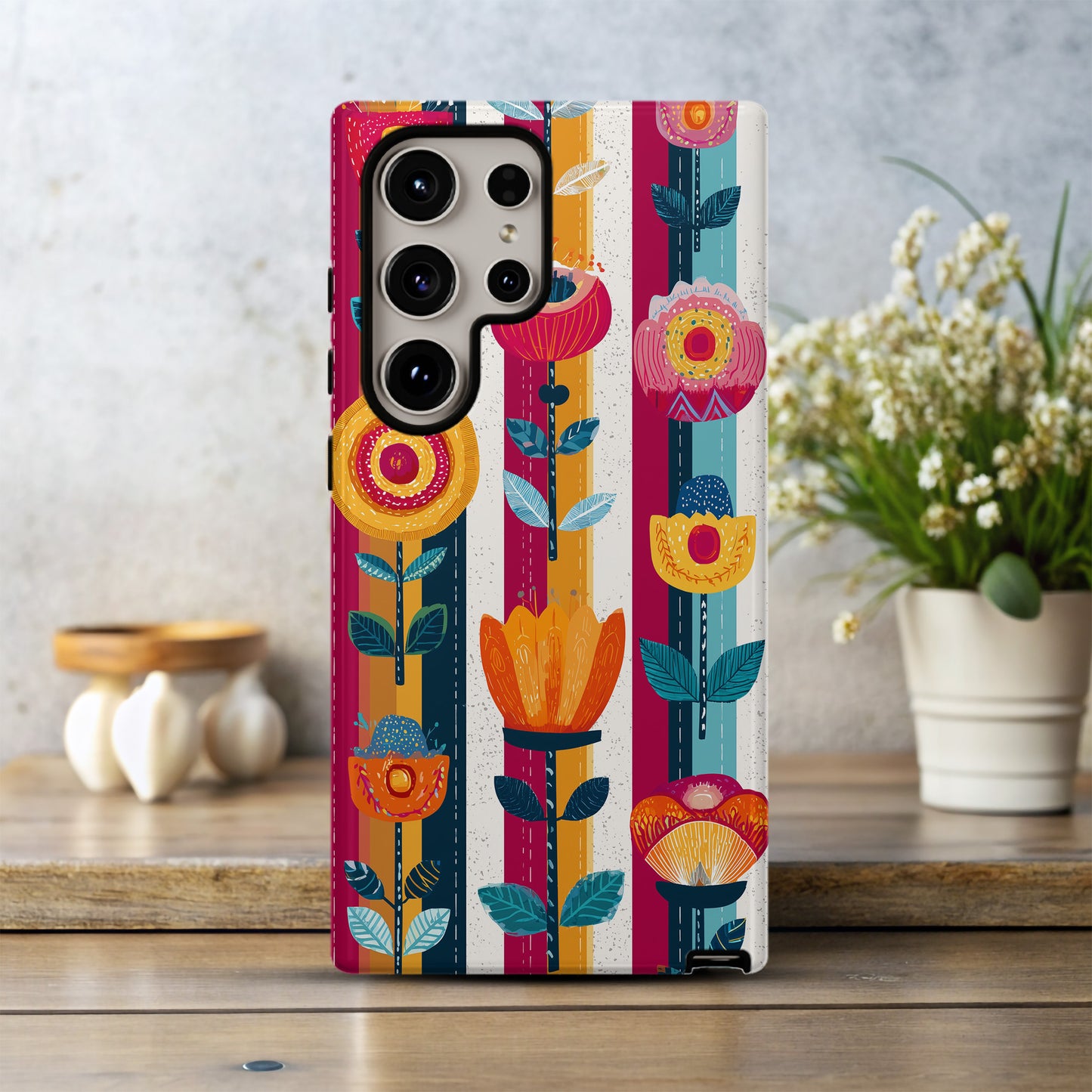 Scandi Bloom Bold – Scandinavian Folk Floral Stripe Case
