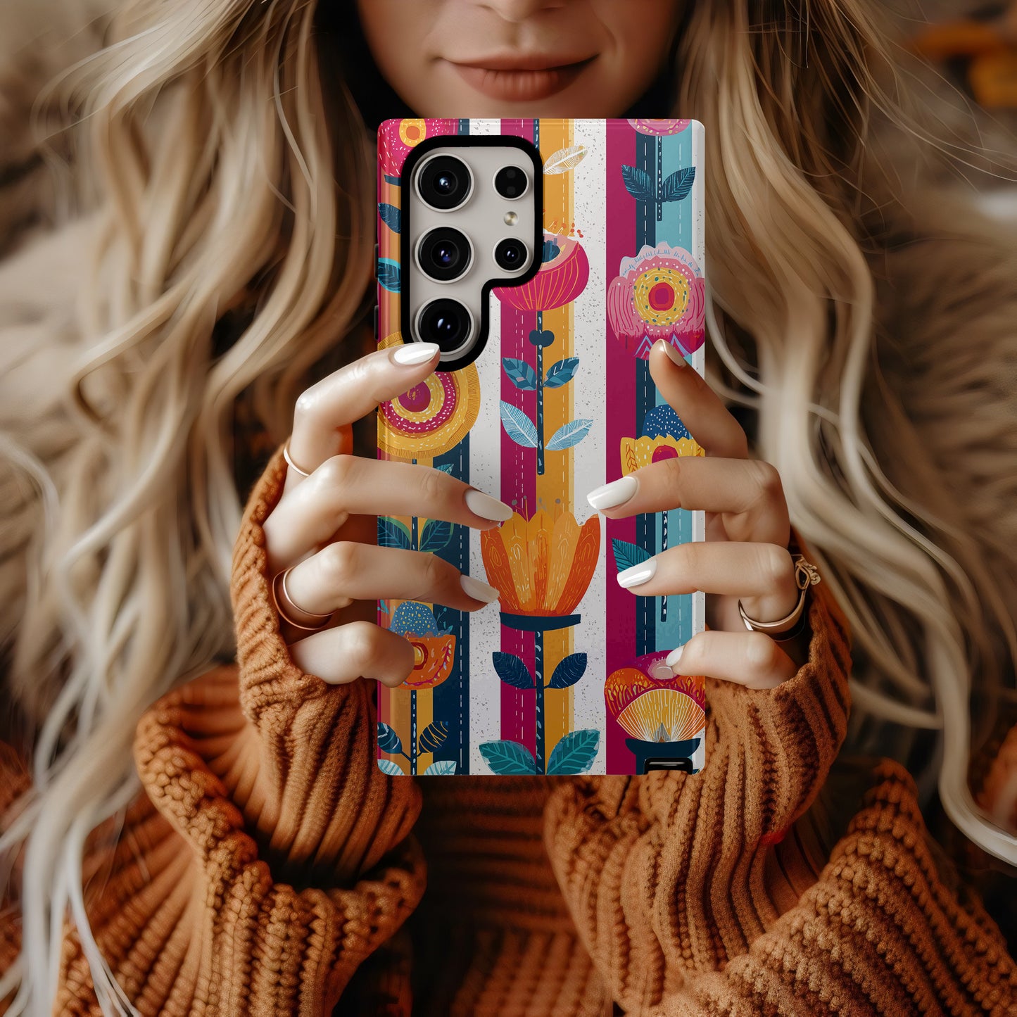 Scandi Bloom Bold – Scandinavian Folk Floral Stripe Case