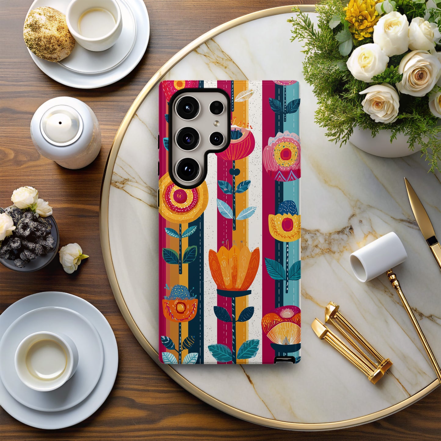 Scandi Bloom Bold – Scandinavian Folk Floral Stripe Case