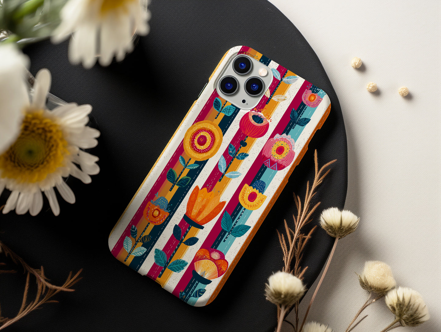 Scandi Bloom Bold – Scandinavian Folk Floral Stripe Case